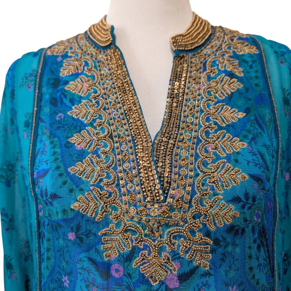 Soft Surroundings Womens Size S Bronte Blue Green Beaded Kaftan Tunic Top Flaw - Picture 4 of 11
